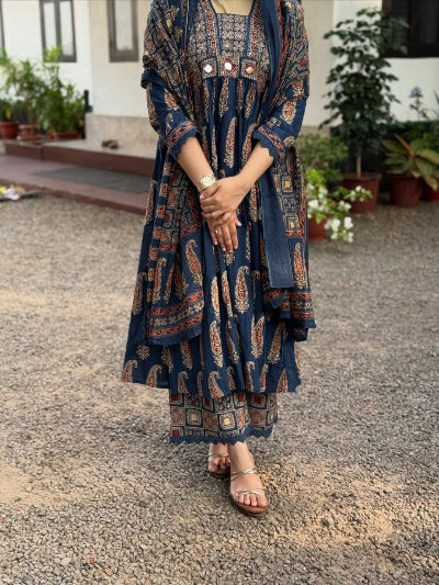 Jaipuri Cotton Mirror Work Anarkali Suit- Brick Red &amp; Navy blue
