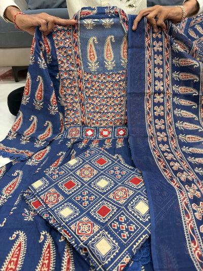 Jaipuri Cotton Mirror Work Anarkali Suit- Brick Red &amp; Navy blue