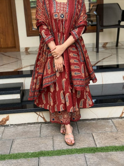 Jaipuri Cotton Mirror Work Anarkali Suit- Brick Red &amp; Navy blue