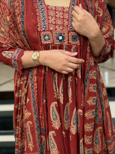 Jaipuri Cotton Mirror Work Anarkali Suit- Brick Red &amp; Navy blue