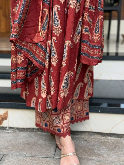 Jaipuri Cotton Mirror Work Anarkali Suit- Brick Red &amp; Navy blue