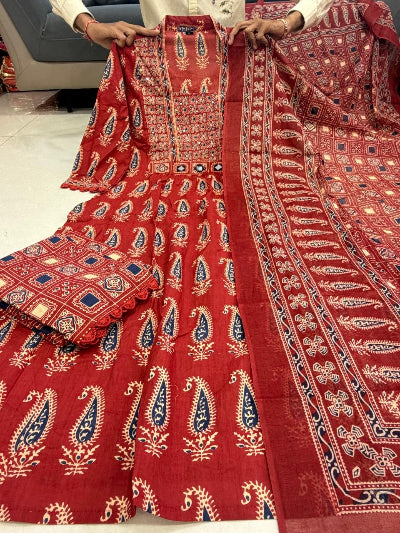 Jaipuri Cotton Mirror Work Anarkali Suit- Brick Red &amp; Navy blue