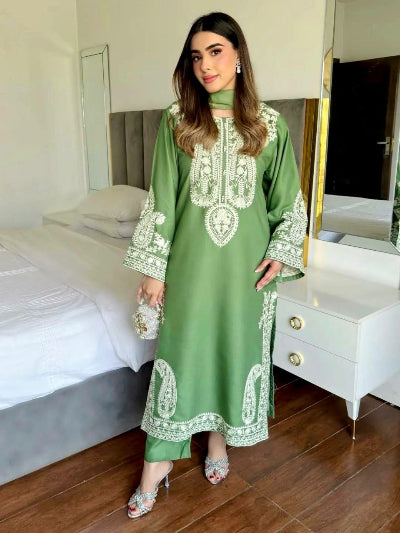 Green Organza Silk Straight Suit with Palazzo &amp; Dupatta