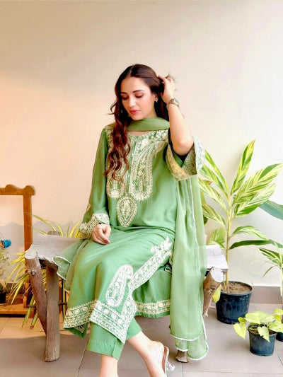 Green Organza Silk Straight Suit with Palazzo &amp; Dupatta