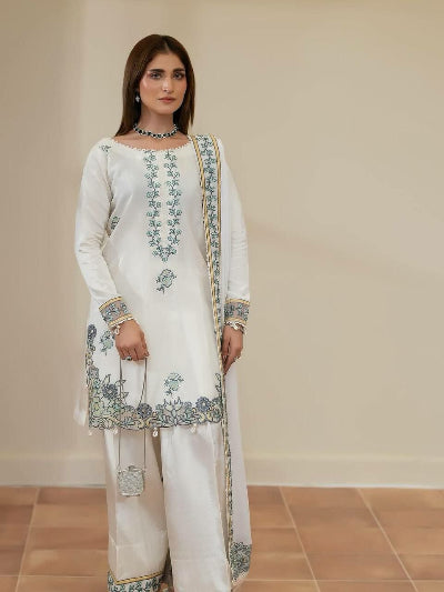 White Embroidery Farshi Salwar Suit Set with Dupatta