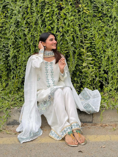 White Embroidery Farshi Salwar Suit Set with Dupatta