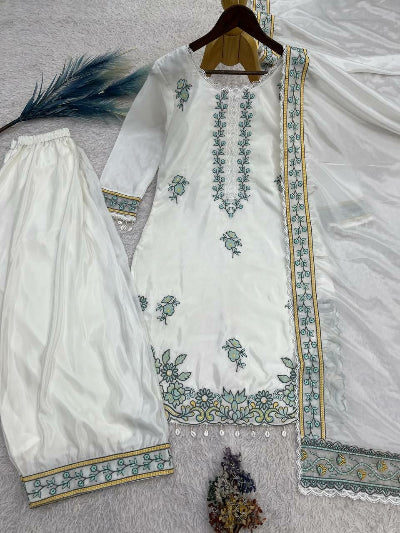 White Embroidery Farshi Salwar Suit Set with Dupatta