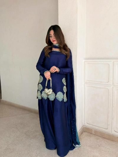 Royal Blue Crepe Silk Farshi Salwar Suit Set