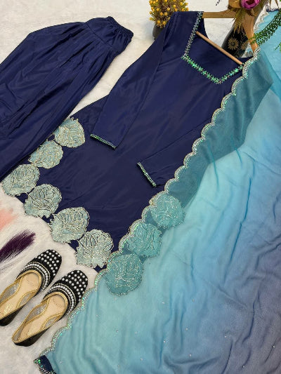 Royal Blue Crepe Silk Farshi Salwar Suit Set