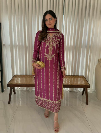 Magenta Pink Embroidery Full Sleeves Straight Suit