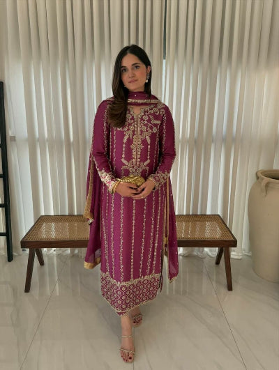 Magenta Pink Embroidery Full Sleeves Straight Suit