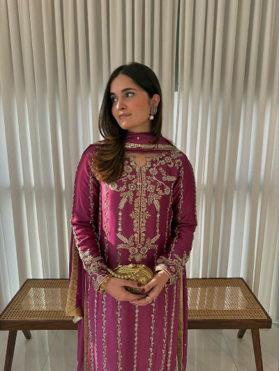 Magenta Pink Embroidery Full Sleeves Straight Suit
