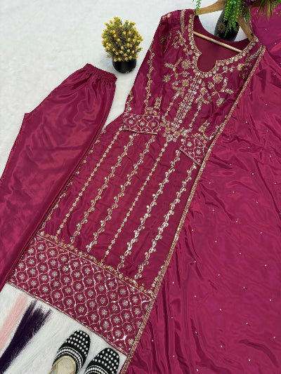 Magenta Pink Embroidery Full Sleeves Straight Suit