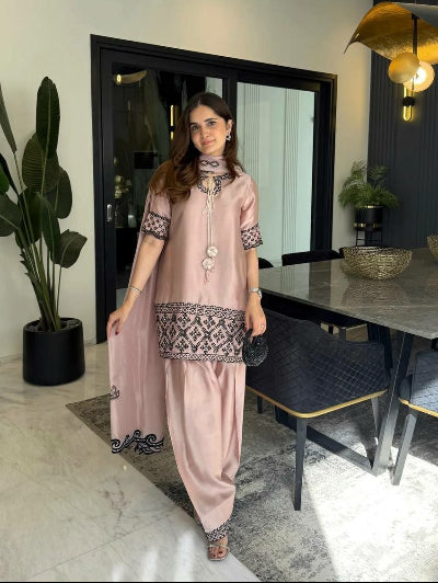 Dusty Rose Embroidered Farshi Salwar Suit Set