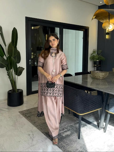 Dusty Rose Embroidered Farshi Salwar Suit Set