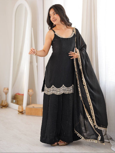Black Embroidered Sleeveless Fendy Silk Sharara Suit Set for Women