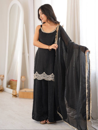 Black Embroidered Sleeveless Fendy Silk Sharara Suit Set for Women