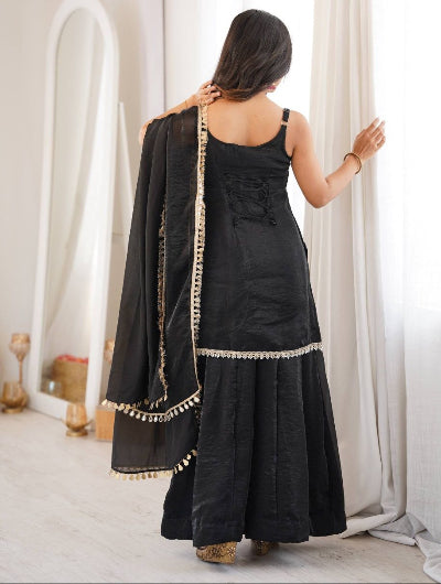 Black Embroidered Sleeveless Fendy Silk Sharara Suit Set for Women