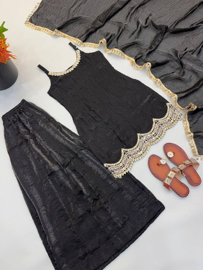 Black Embroidered Sleeveless Fendy Silk Sharara Suit Set for Women