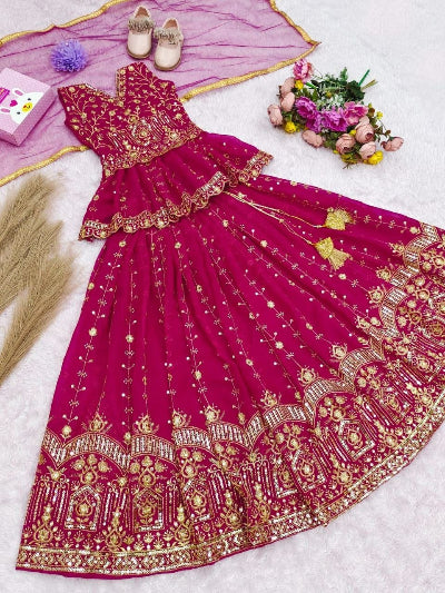 Kids Magenta Pink Georgette Peplum Embroidered Lehenga Set