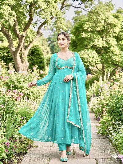 Ice Blue Partywear Gold Embroidery Anarkali Suit Set