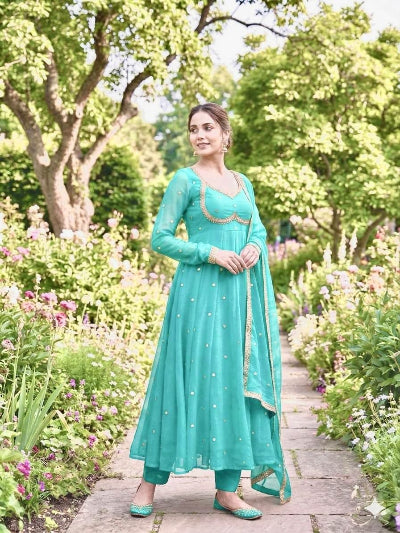 Ice Blue Partywear Gold Embroidery Anarkali Suit Set