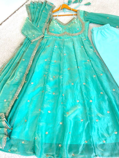 Ice Blue Partywear Gold Embroidery Anarkali Suit Set