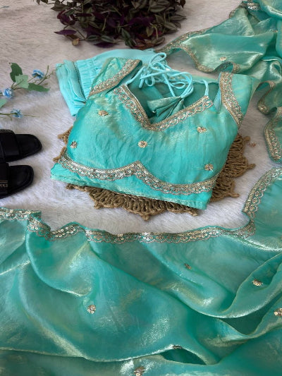 Ice Blue Partywear Gold Embroidery Anarkali Suit Set