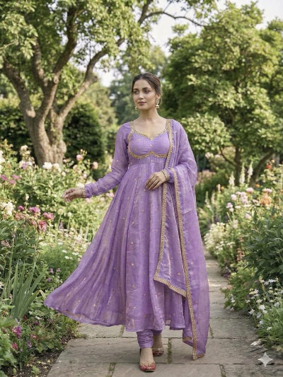Lilac Partywear Gold Embroidery Anarkali Suit Set