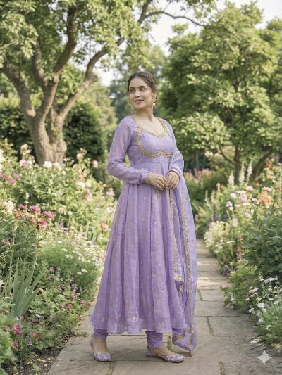 Lilac Partywear Gold Embroidery Anarkali Suit Set