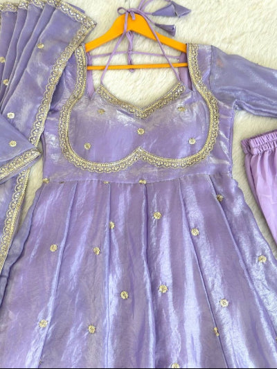 Lilac Partywear Gold Embroidery Anarkali Suit Set