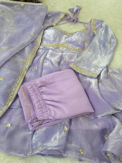 Lilac Partywear Gold Embroidery Anarkali Suit Set
