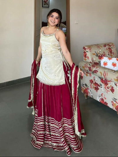 Crimson Red &amp; White Mirror Work Kurti Skirt Dupatta Set