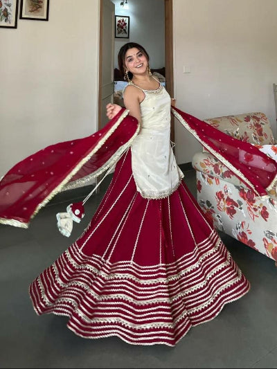 Crimson Red &amp; White Mirror Work Kurti Skirt Dupatta Set