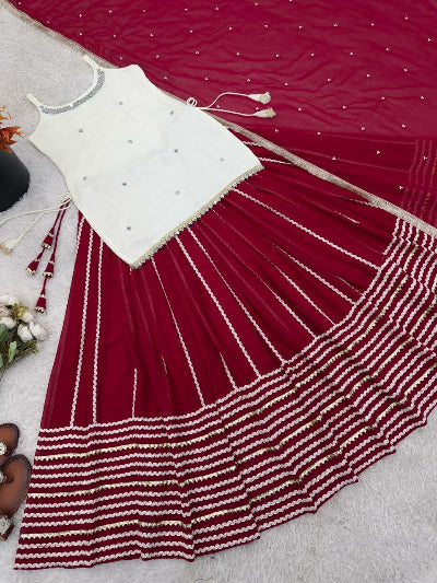 Crimson Red &amp; White Mirror Work Kurti Skirt Dupatta Set