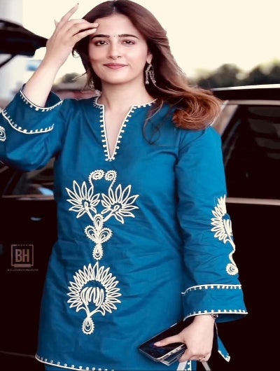 Teal Blue Rayon Co-Ord Set with Embroidery