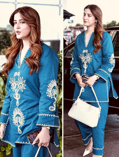 Teal Blue Rayon Co-Ord Set with Embroidery