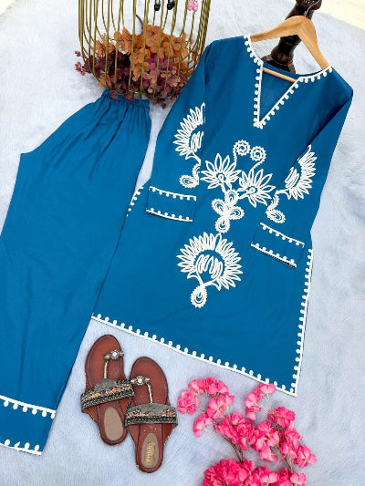 Teal Blue Rayon Co-Ord Set with Embroidery