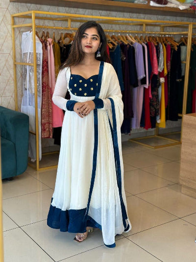 White Embroidered Fendy Silk Anarkali Suit Set