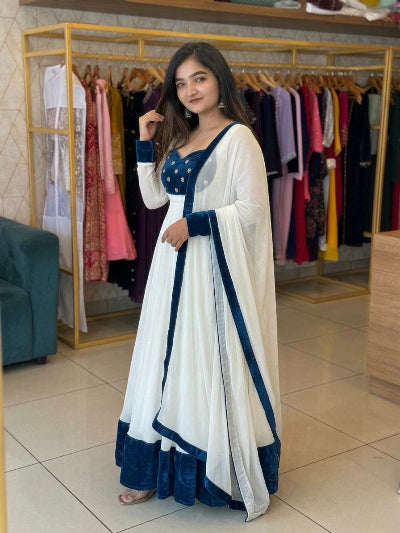 White Embroidered Fendy Silk Anarkali Suit Set