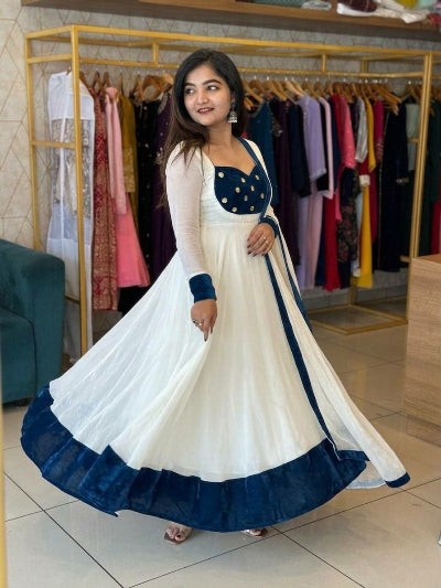 White Embroidered Fendy Silk Anarkali Suit Set