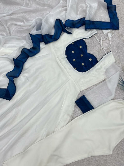 White Embroidered Fendy Silk Anarkali Suit Set