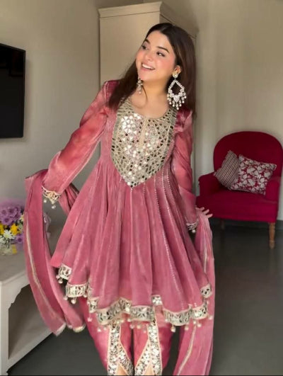 Blush Pink Designer Gold Crush Dhoti Suit Set with Dupatta