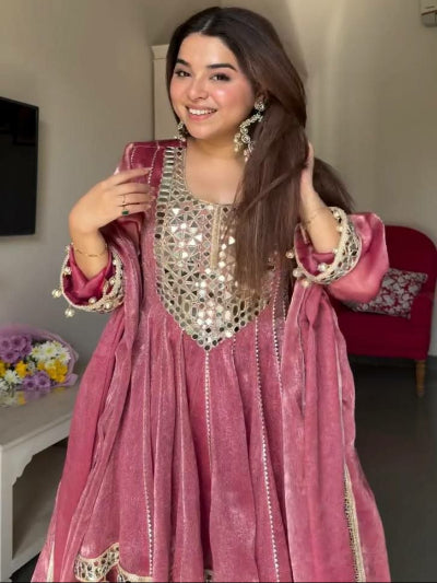 Blush Pink Designer Gold Crush Dhoti Suit Set with Dupatta