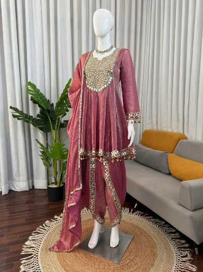 Blush Pink Designer Gold Crush Dhoti Suit Set with Dupatta