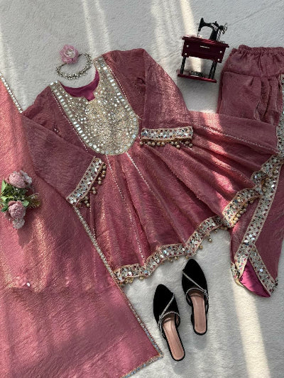 Blush Pink Designer Gold Crush Dhoti Suit Set with Dupatta