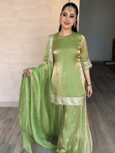 Pista Green Designer Fendy Silk Palazzo Sharara Suit