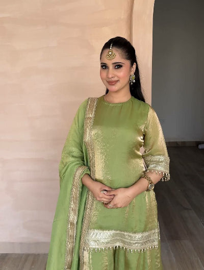 Pista Green Designer Fendy Silk Palazzo Sharara Suit