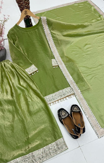Pista Green Designer Fendy Silk Palazzo Sharara Suit