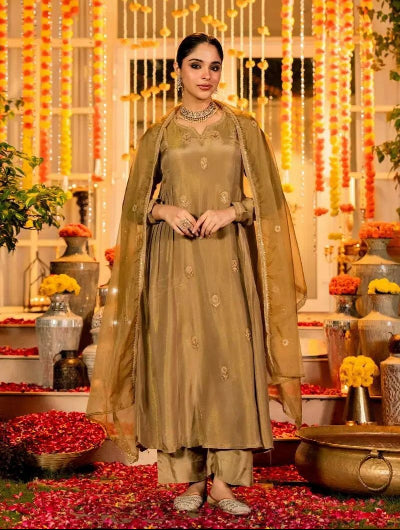 Olive Gold Chanderi Silk Embroidery Anarkali Suit Set